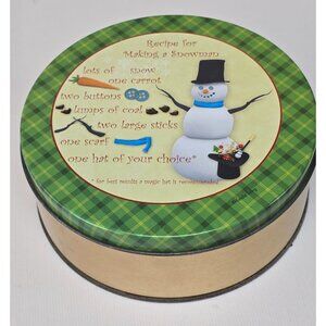 Snowman Recipe-Themed Decorative Metal Tin with Plaid Lid Homespun Medium Made I